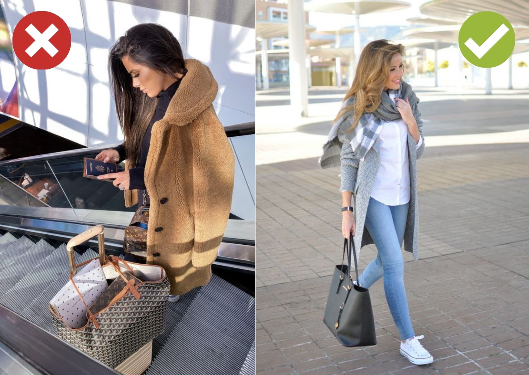Comparação entre casaco pesado e roupas em camadas para viajar de avião
