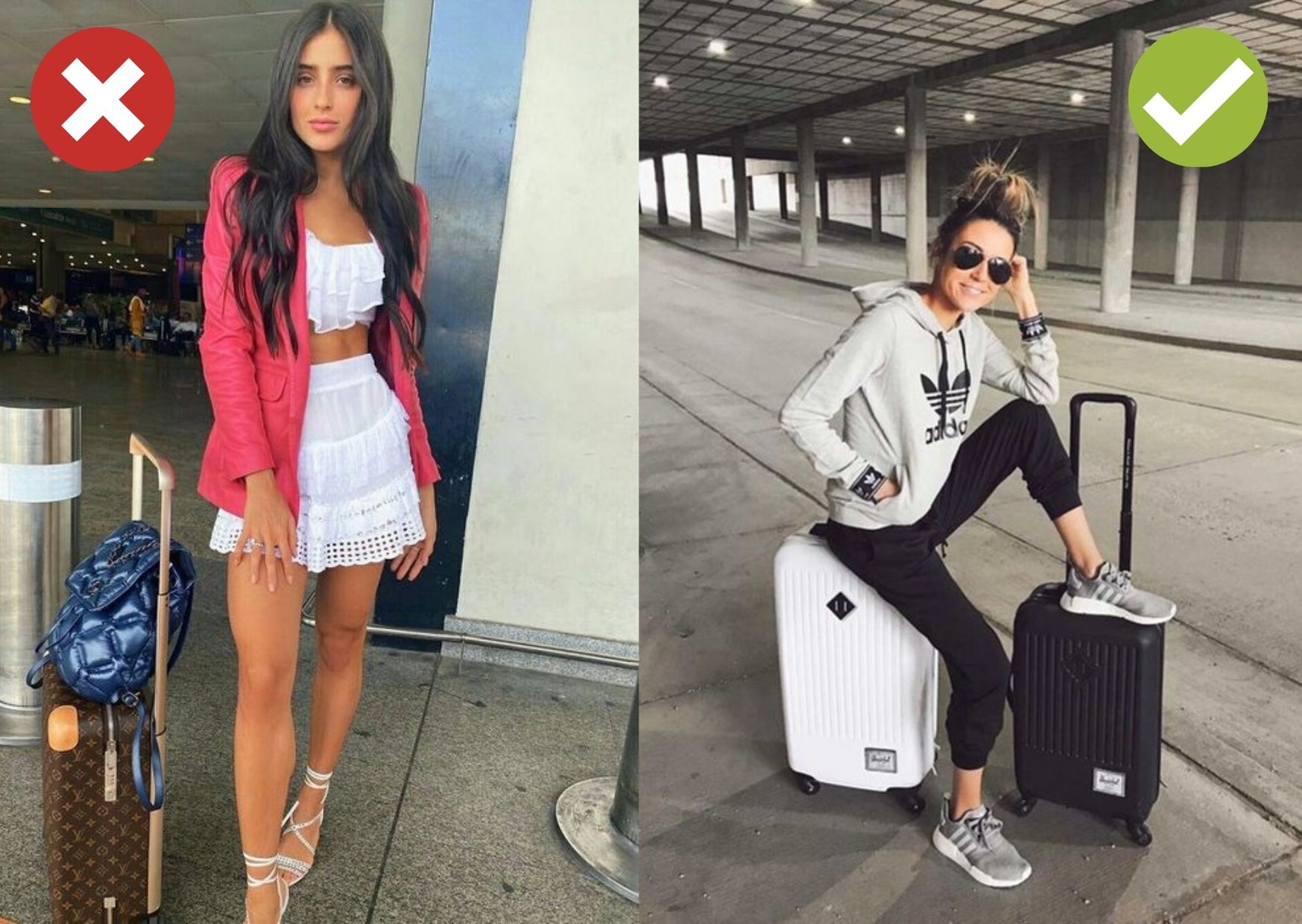 Comparação entre salto alto e tênis confortável para viajar de avião